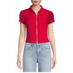 No Boundaries NoBo Juniors Womens Top Sz L 11 13 Red Zip Up Polo Ribbed Knit